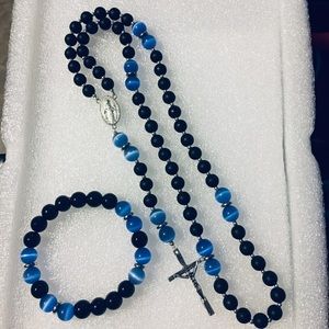 Black & Blue Rosary With Matching Bracelet